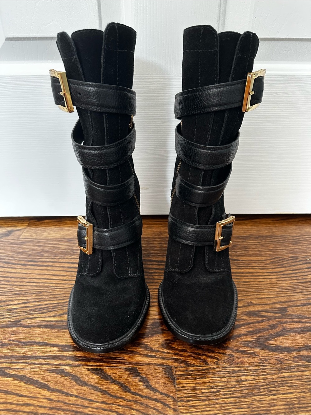 Tory Burch Jaden Black Suede Leather Gold Buckle Strap Tall Heeled Boots Sz 6.5